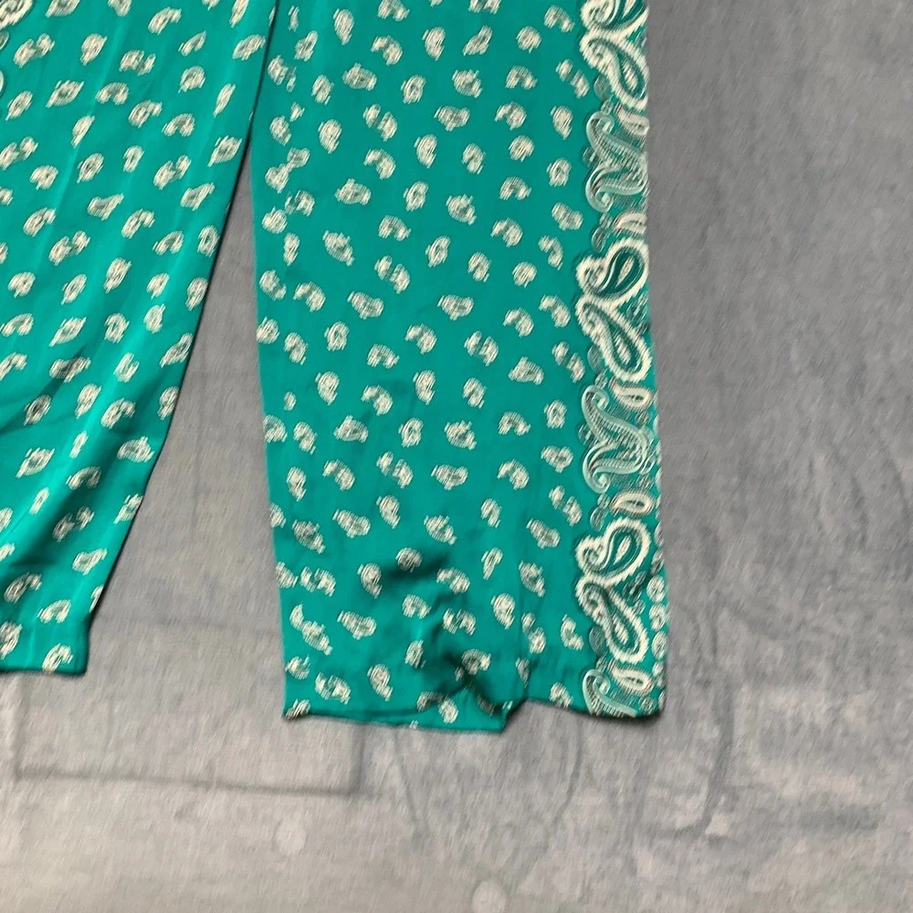 Michael Kors Wide Leg Pants Womens 14 Teal Paisley Drawstring Elastic Waist